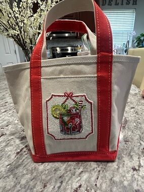 Anthropologie Beaded Cocktail Canvas Tote with Red Trim